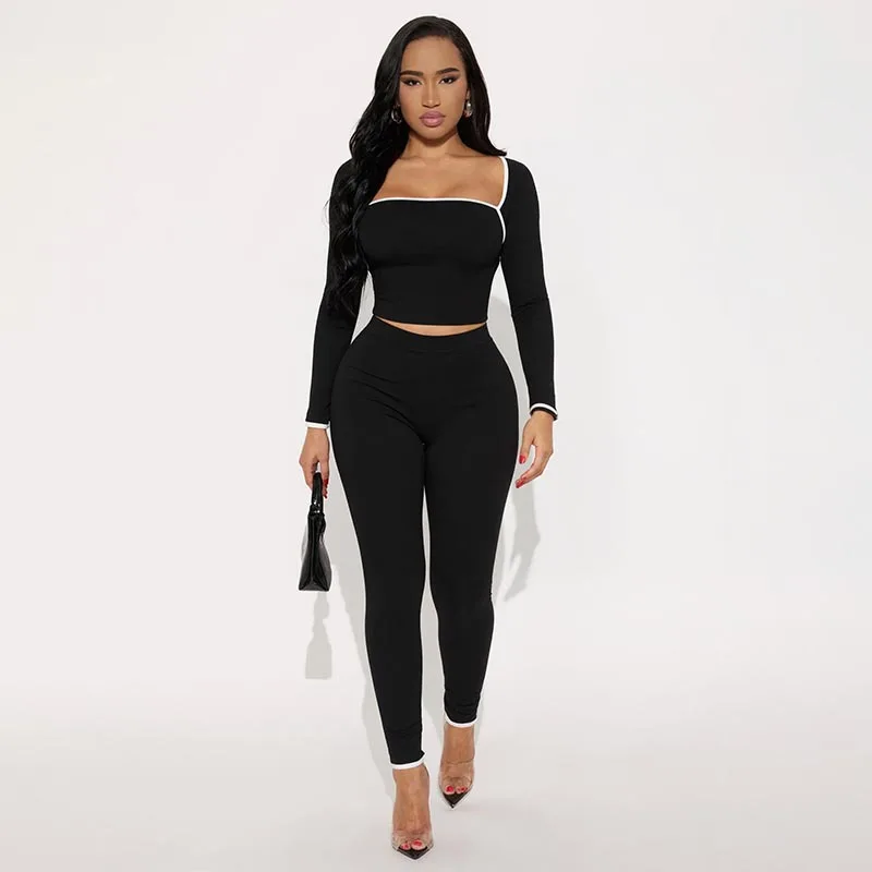 

Осенний женский повседневный комплект из 2 предметов, облегающий укороченный топ с длинными рукавами и расклешенные брюки на шнурке, одинаковый комплект уличной одежды