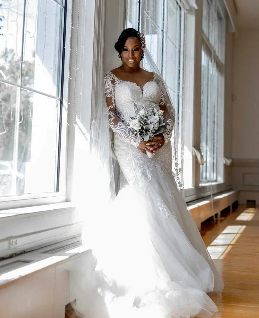 Suknia ślubna z kwadratowym dekoltem, koronkowymi aplikacjami, w stylu afrykańskim vintage, z długimi rękawami, plus size, suknia ślubna.