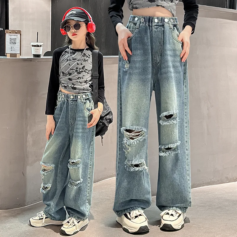 2024 Spring Autumn Kids Teen Denim Trousers Vintage Ripped Jeans for Girls Fashion High Waist Broken Hole Wide Leg Pants5-14Yrs