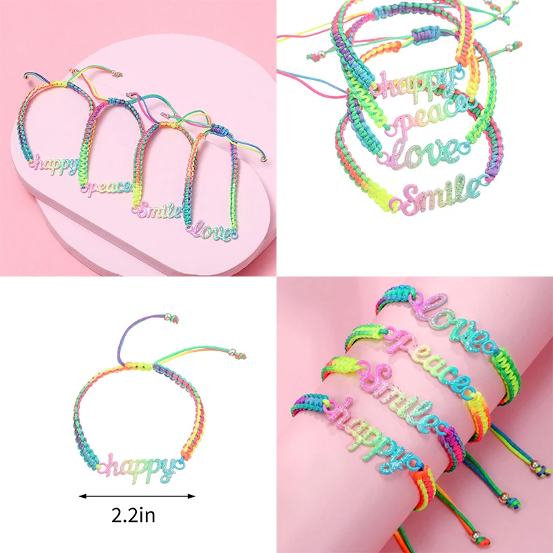 4Pcs/set Colorful Handmade Knitted Rainbow Rope Happy Smile Love Peace Words Charm Bracelet for Girls DIY Jewellery