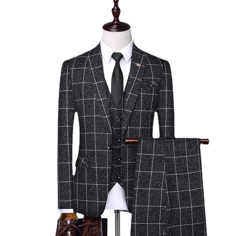 ( Jacket + Vest + Pants ) New High-end Men\'s Wedding Dress Classic British Plaid Business Casual Suit Formal Three-piece Suit