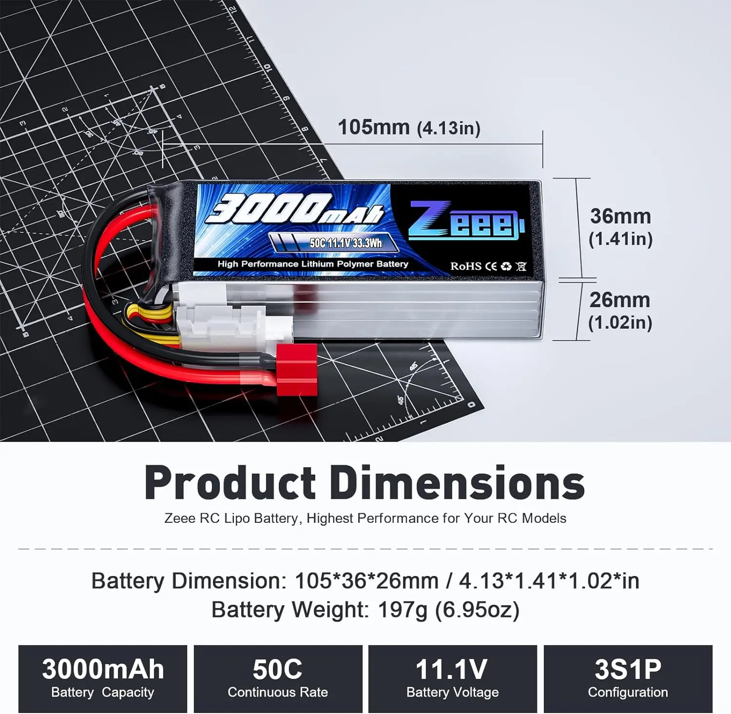 Zeee-batería Lipo de 11,1 V, 50C, 3000mAh, 3S, Softcase con enchufe decanos para helicóptero RC, avión, FPV, Drones, coche, camión, barco, 2 unidades
