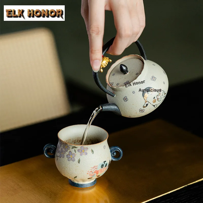 125ml Pure Hand-painted Lazy Cat Firestone Red Teapot Luxury Tea Infuser Pot Tea Making Kettle with Ball Hole for Tea Decoration