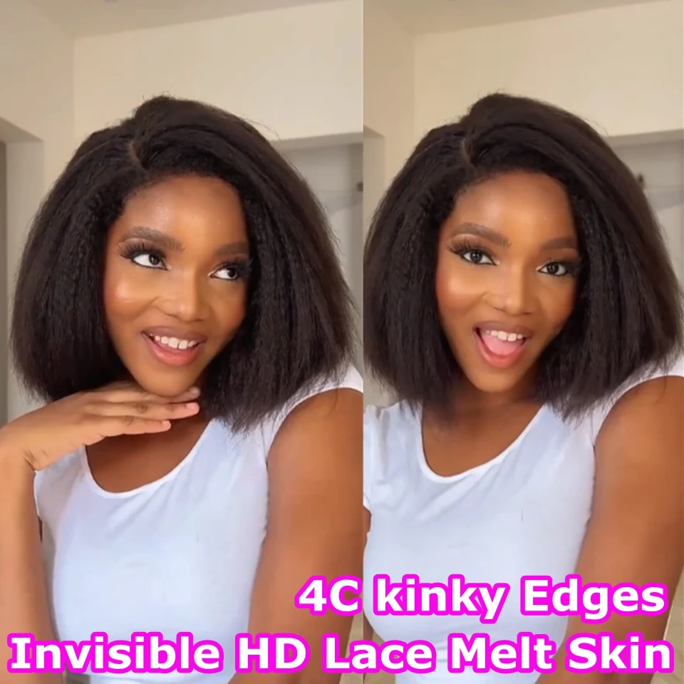 

Yaki Short Bob 13X6 Invisible HD Lace Front Wig Kinky Straight 4c Edged Bob Wig Human Hair Wigs Pre Plucked 7x7 Lace Closure Wig
