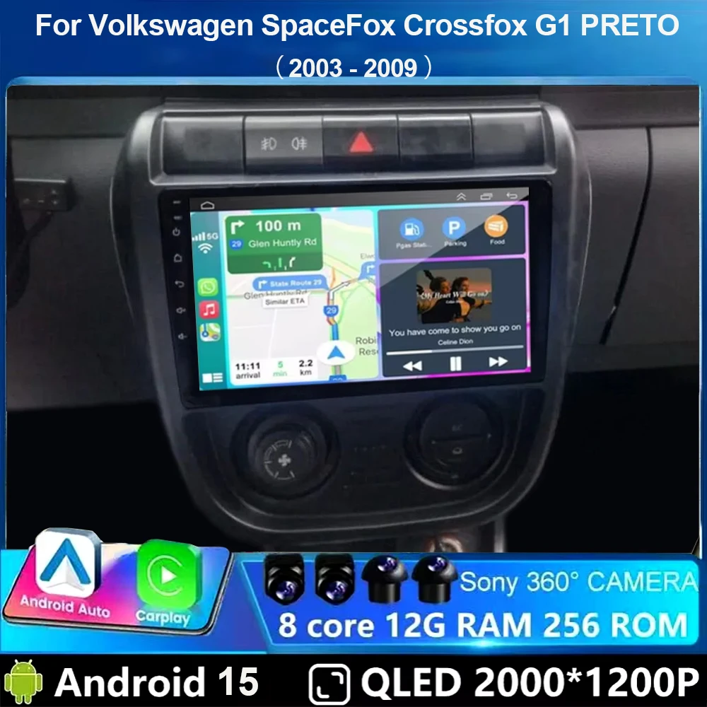 Android 15 para Volkswagen SpaceFox Crossfox G1 PRETO 2003-2009, Rádio de Carro Estéreo, Reprodutor de Vídeo Multimídia, 4G GPS, Auto CarPlay, DSP