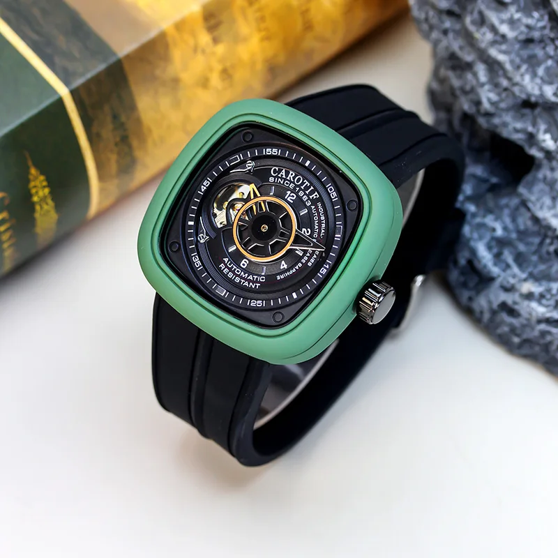 ساعة ميكانيكية أوتوماتيكية بالكامل بشريط أسود كلاسيكي أنيق مربع هيكل عظمي توربيون للرجال #3