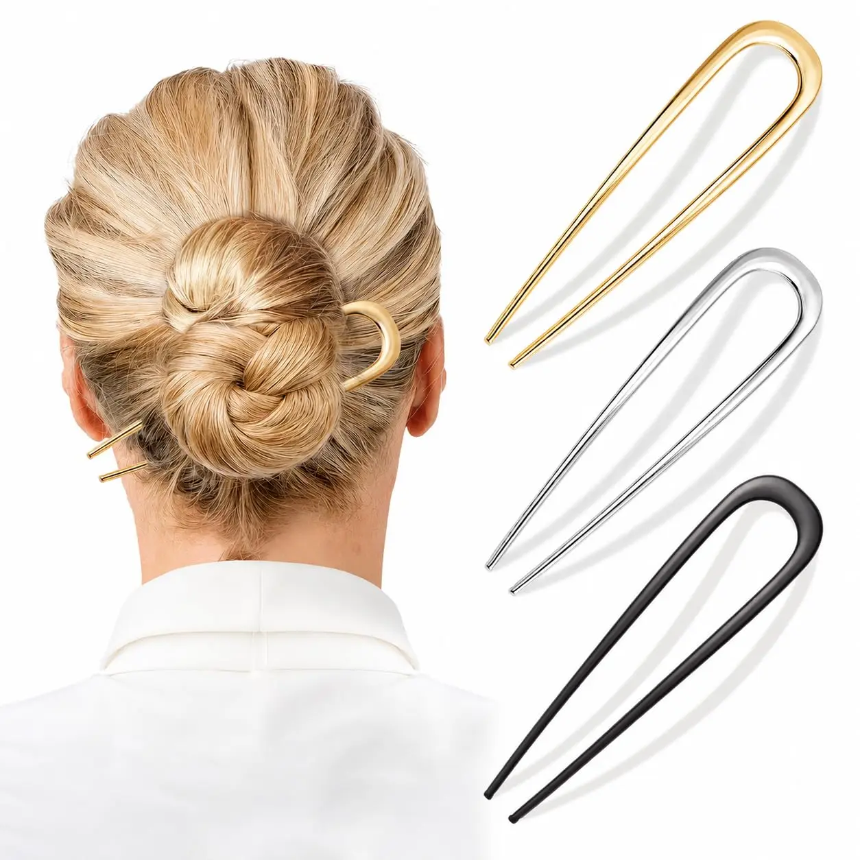 

3 Elegant French Hair Pins for Buns, Twists & Updos - Gold, Silver or Black