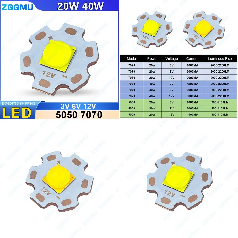 High Power 20W 40W LED Chip 5050 7070 White Warm White 3V 6V 12V with 20MM Copper Base for DIY Flashlight Car Lighting Auto Bulb