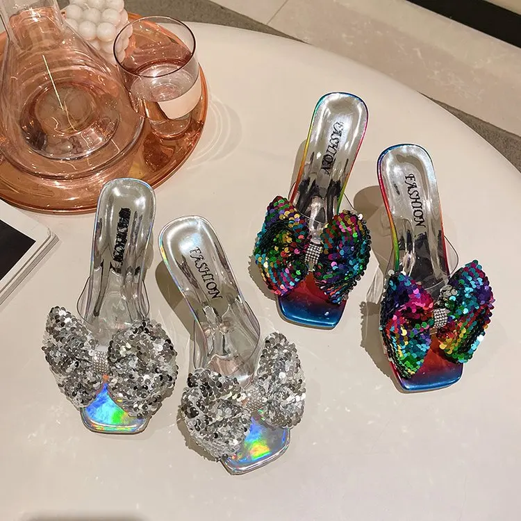 Women Sandals Pumps Summer Outside 2023 New Fashion Bowknot Sparkling Bling Slipper Super High Slip-On Thin Heels Solid Elegant