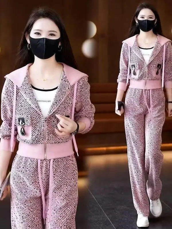 

Модный комплект с худи большого размера для женщин: весенне-осенний новый костюм из двух предметов с широкими брюками, без бирки, для повседневной носки