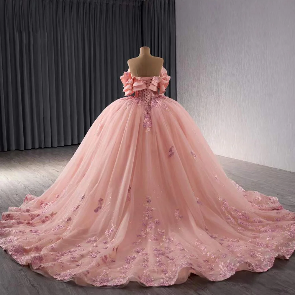 vestidos 15 Quinceañera kanten bloem off-shoulder kanten rug roze baljurk lange formele jurk