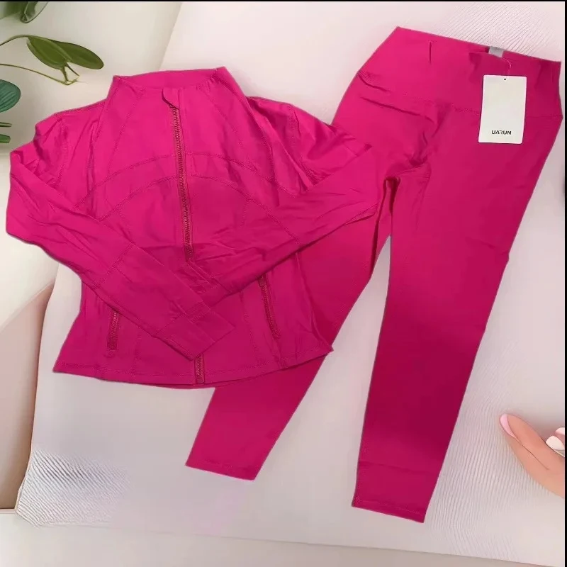 

2026 Yoga Suit Set Stand Collar Long Sleeve Jacket Plus Nine-point Pants Yoga Elastic Breathable Running Fitness Suit for Women