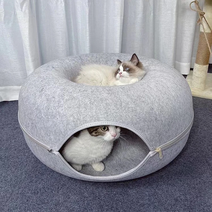 Large Cat Tunnel Bed Cat Hideout Donut Pet Cave Soft Warm Pet House Fun Interactive Toy Tunnel Bed Universal for All Seasons