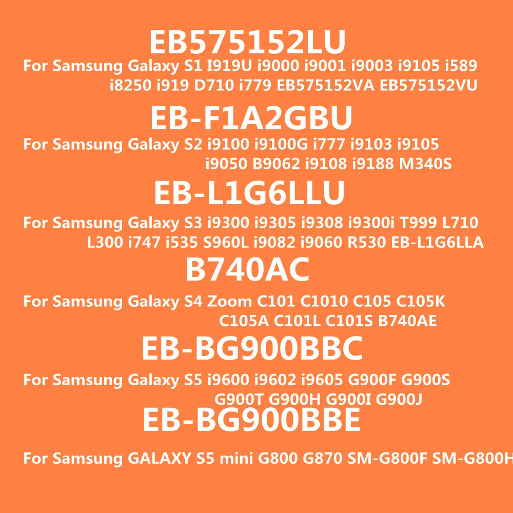 Для Samsung GALAXY S5 mini G800 G870 i9600 i9602 i9605 S4 Zoom S3 i9300 i9305 i9308 S2 i9100 S1 I919U i9000 i9003 i9105 Аккумулятор