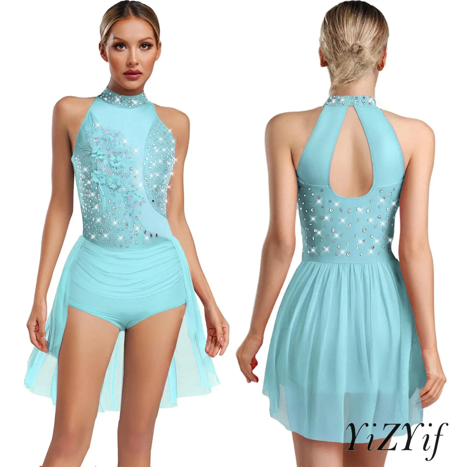 

Trendy Irregular Hem Latin Dance Cha-Cha Gymnastics Bodysuit Glitter Flower Applique for Women's Party Show Performance Costume