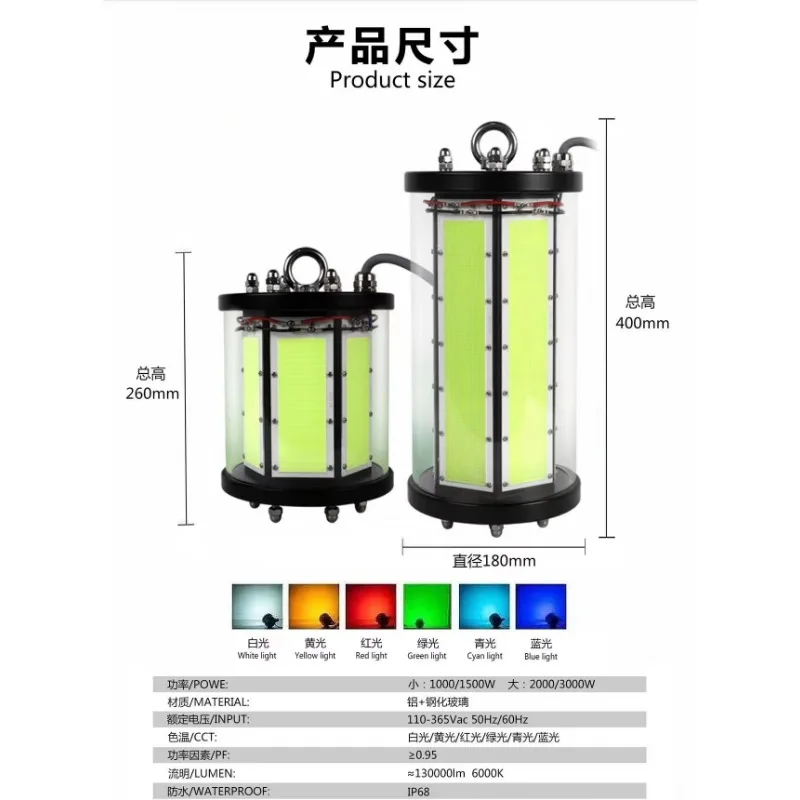 IP68 1500 واط LED مصباح الطعم لزراعة السلمون 15 ساعة إضاءة مستمرة تحت الماء أخضر/أصفر أزرق الانبعاثات