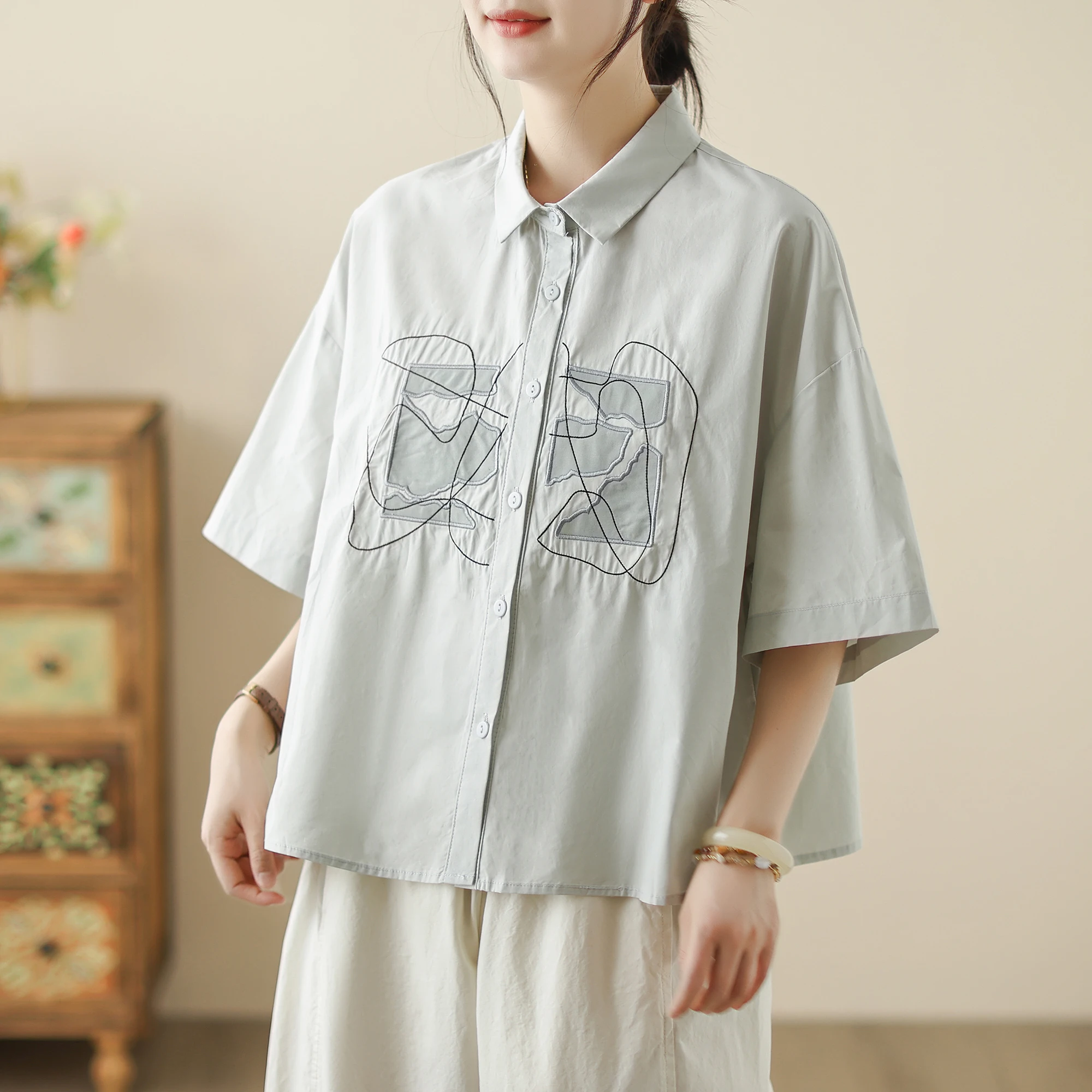 Korean Japanese Cotton Linen ort Sve Embroidered irt Youthful Design Summer Pure Cotton irt for plus Size Women