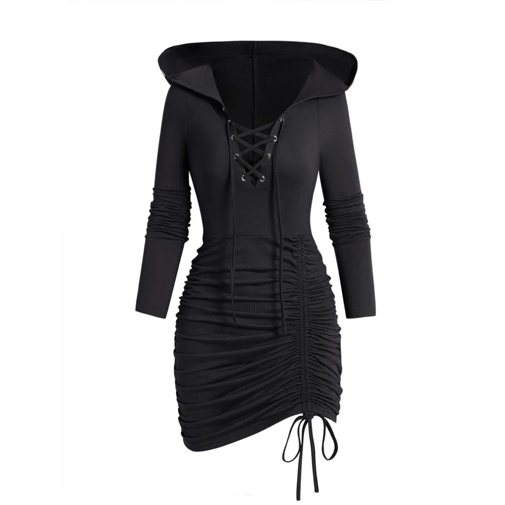 

Full Sleeve Lace Up Hooded Dress Sexy Mini Slim Robe Plain Color Cinched Ruched Bodycon Short Vestido Feminino