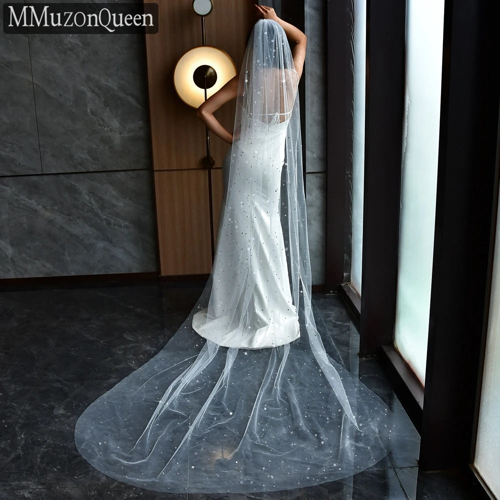 MMQ M58 High-Quality Silver Diamond Layer Long Trailing Veil With Hair Comb Soft Tulle Bridal Wedding Cathedral Veil