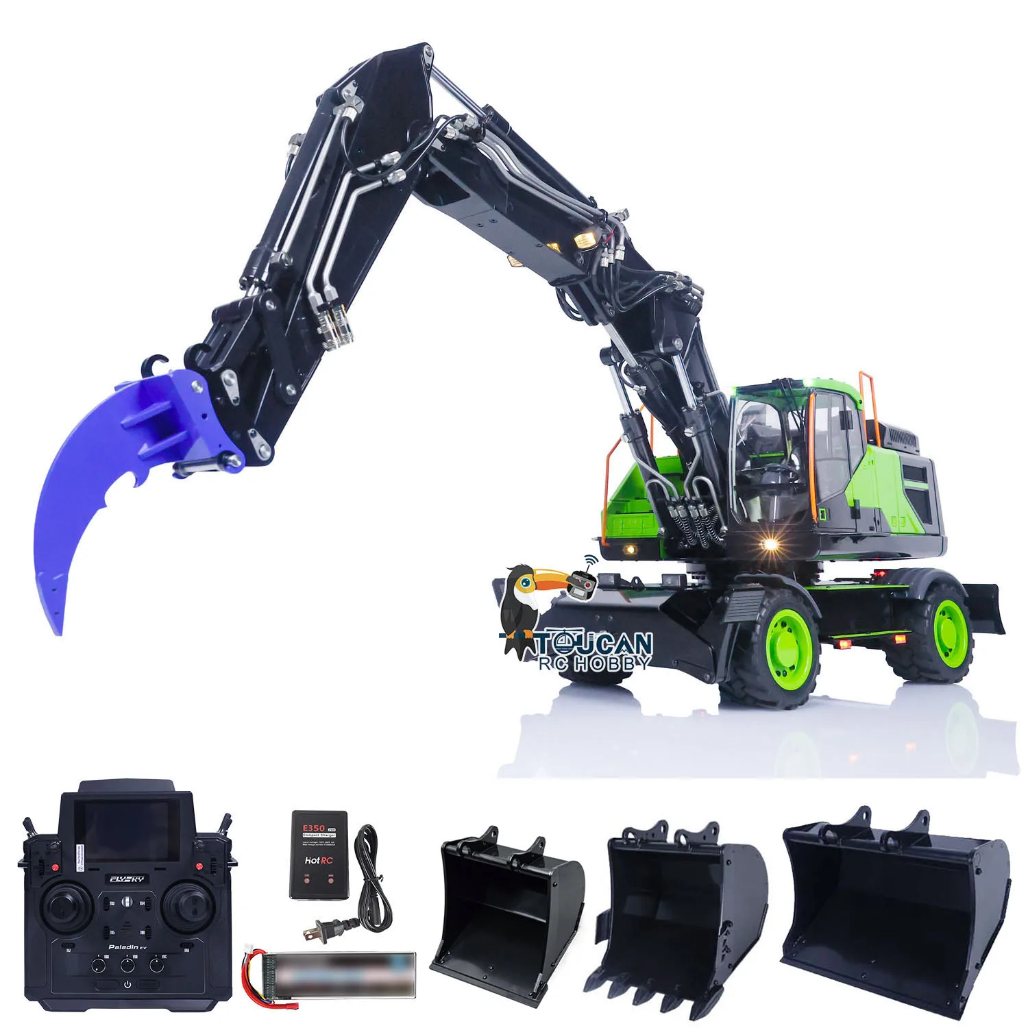 RTR 1/14 MTM EC380 RC Hydraulic Excavator 3 Arms FlySkyPL18EV Remote Control Digger Tiltable Bucket Lights Sound System THZH1735