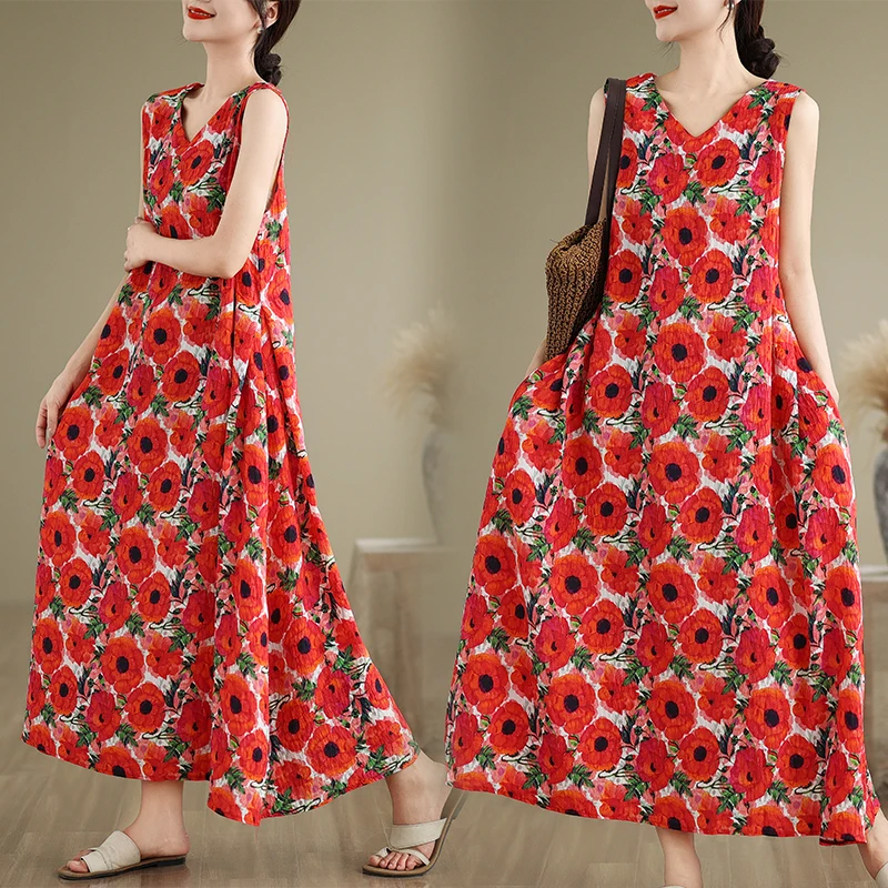 فستان صيفي 2025 مقاس كبير بدون أكمام ورقبة على شكل V، فستان طويل للنساء بتصميم نحيف على طراز السترة، فستان ميدي بطبعة رجعية م...