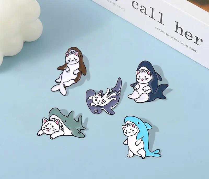 Cat and Fish Enamel Pin Beluga Whale Brooches Humpback Whale Metal Badges Bag Clothes Pins Up Jewelry Gift for Animal Lover