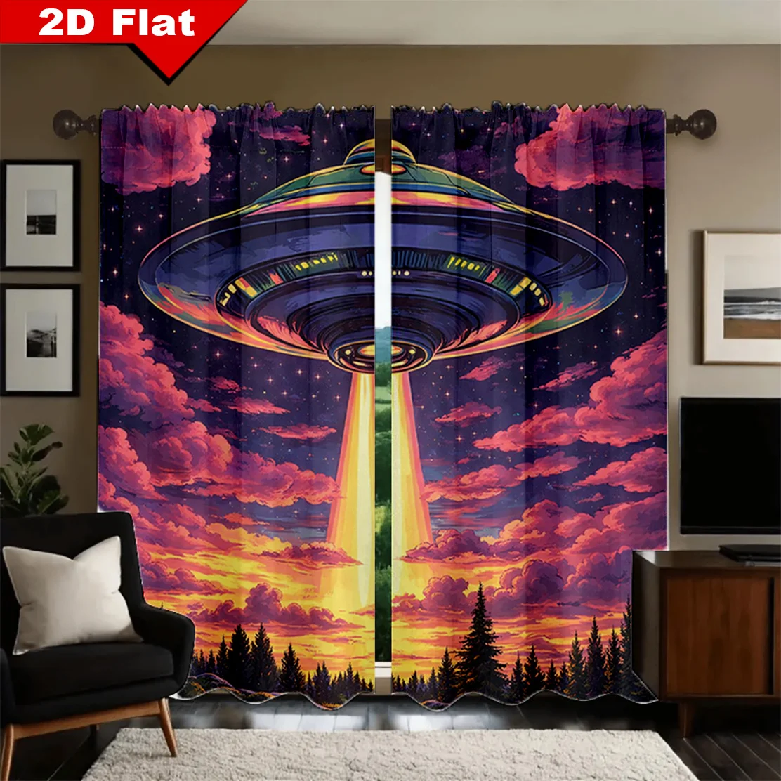 Galaxy UFO Curtains Pair Window Drapes Sci-Fi Space Nebula Sunset Printed Modern Home Decor Room Curtains