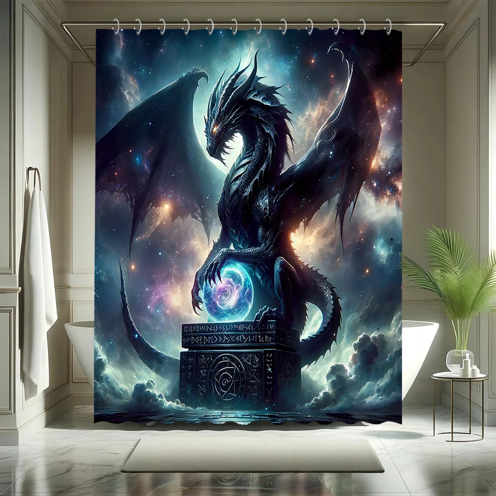 1pc Shower Curtain - Majestic Black Dragon with Celestial Background and Mystical Orb Design for a Dramatic Bathroom Waterproof