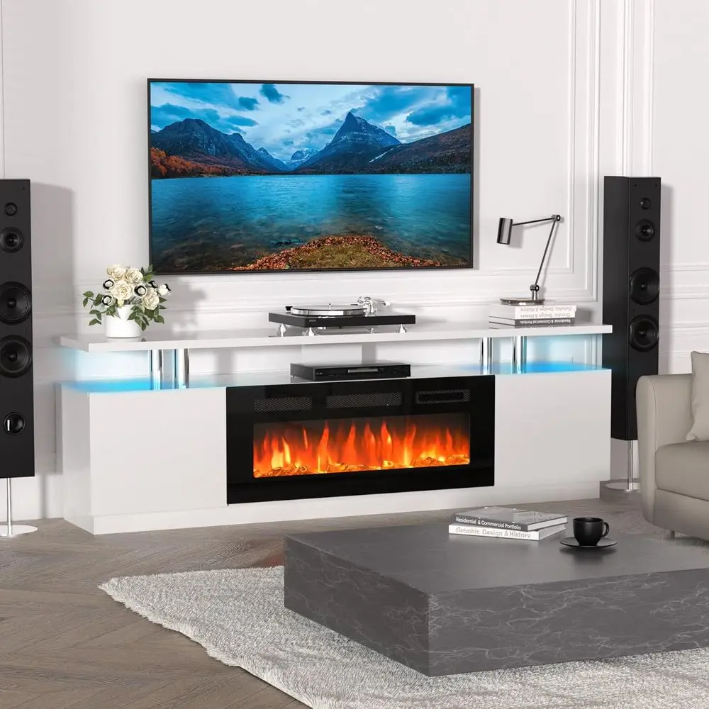 

70 White Electric Fireplace TV Stand with Storage, 36 Heater, 2-Tier Console, Entertainment Center