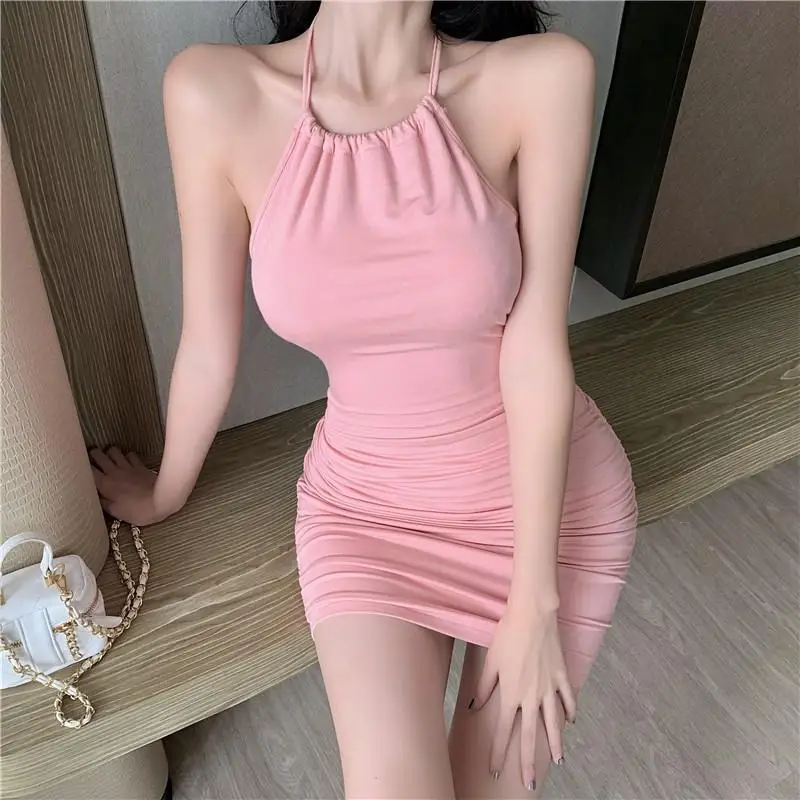 

Mini Dress Sleeveless Pink Sexy Hip Skirt Tighten The Waist Women Casual Prom Dress Y2K Aesthetic Korean Fashion Short Skirt