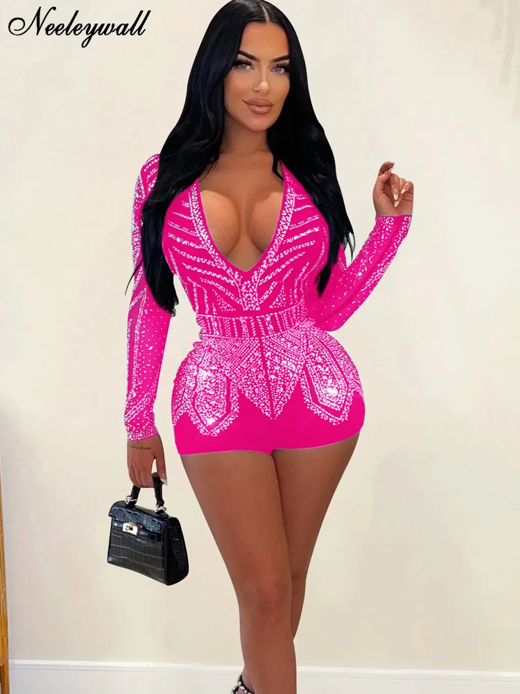 

Neeleywall Luxury Sequins Women's Short Jumpsuit New Chic Skinny Crystal Rompers Night Club Outfits Overalls Sexy Clubwear