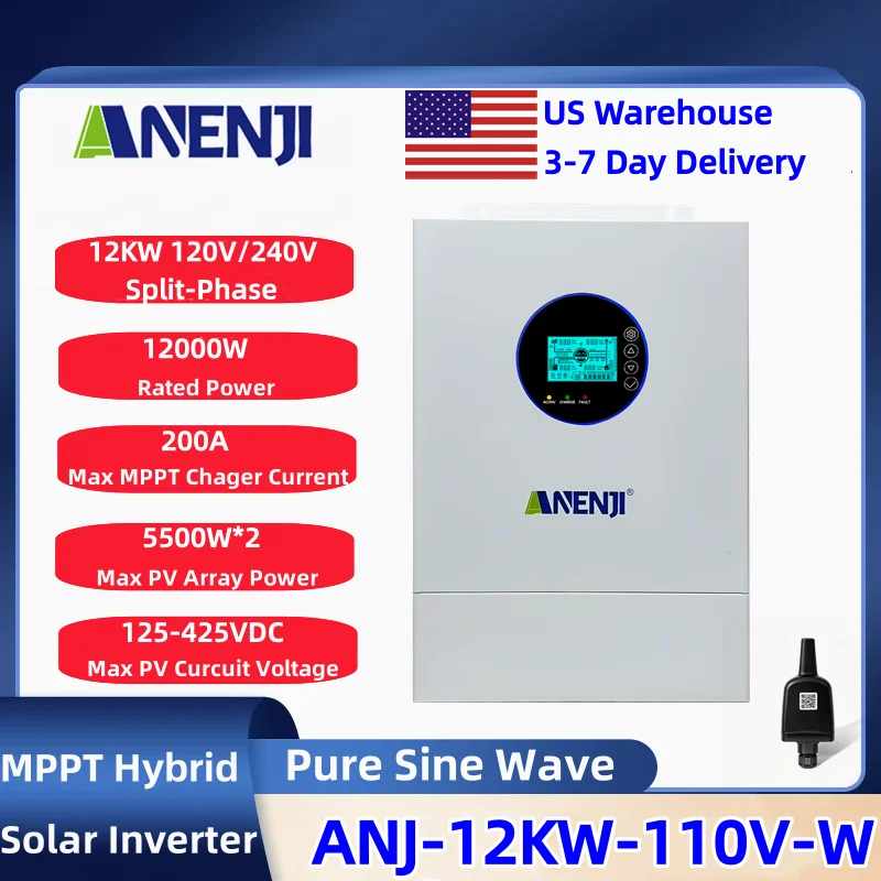 ANENJI Split-phase 120V/240V 12KW Hybrid Solar Inverter Pure Sine Wave Built-in 200a MPPT Solar Charge Controller