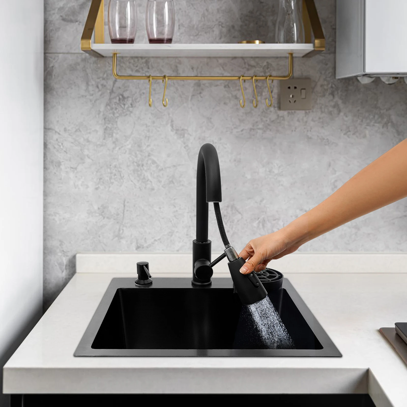 Imagen 7: Fregadero de cocina de acero inoxidable de 40 x 45 cm con grifo retráctil negro, cesta de goteo y dispensador de jabón