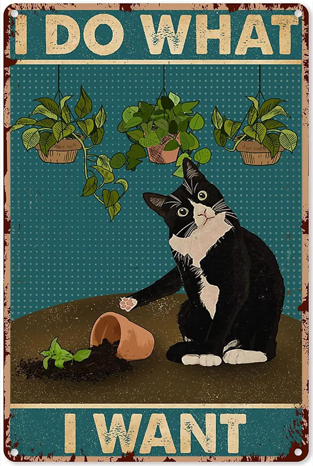 Eeypy Gartendekorationen für den Außenbereich, Metall, „I Do What I Want Tuxedo Cat Gardening“, Blechschild, Dekoration, Vintage-Chic-Metallposter, Wa