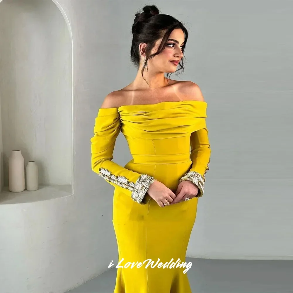

Yellow Off Shoulder Evening Dresses 2025 Satin Long Sleeve Beaded Pleated Mermaid Floor-Length Wedding Party Dresses Customized
