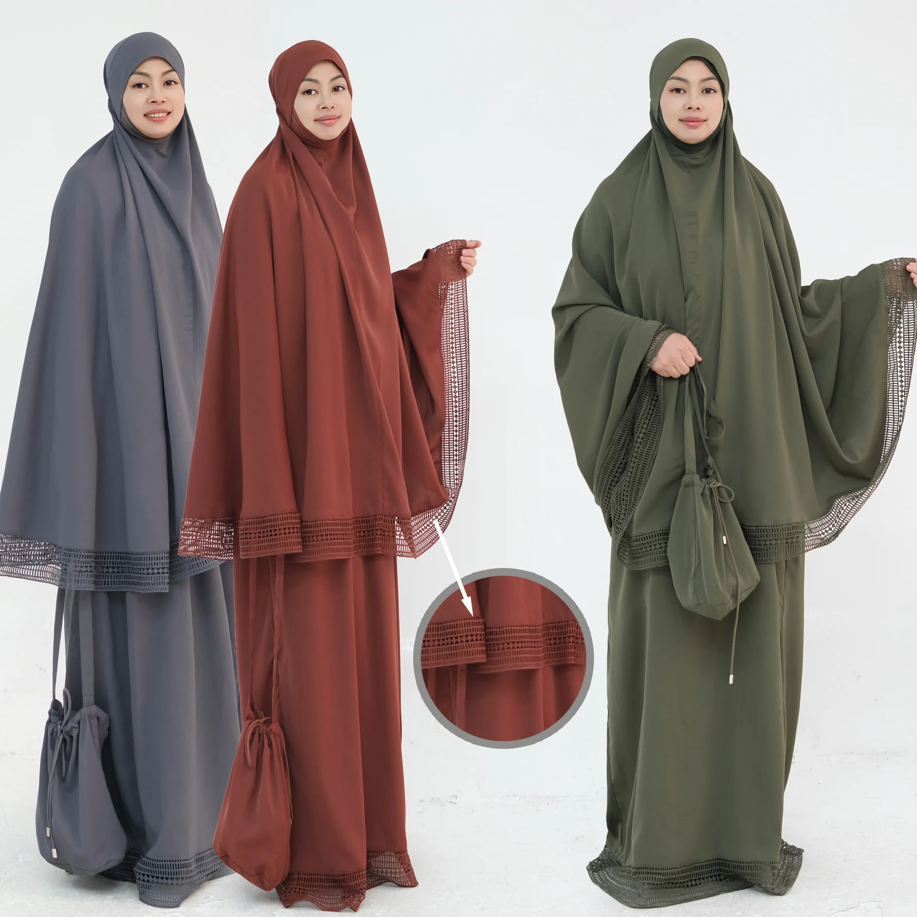 Hijabi-Gebetsset mit Spitzenbesatz, 4-teilig, muslimische Frauen-Set für Salah, Abaya Khimar mit fester Kappe + extra langer Rock + Gebetsteppich + Beutel