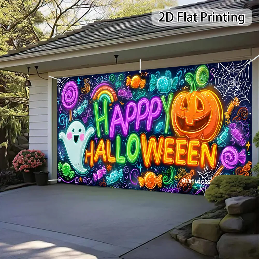 Ein 2D-Banner, Halloween-Dekoration, Neonkürbis, Geist, Süßigkeiten, Garage, Ganzjahres-Partydekoration, Halloween-Partyzubehör