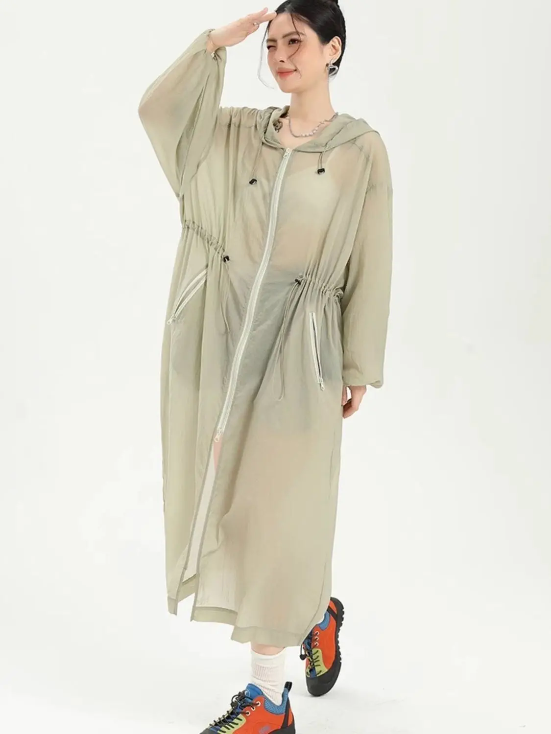 Summer New Loose Women's Casual Lightweight Breathable Hooded Windbreaker Outerwear Fashionable Over-Knee Length Coat