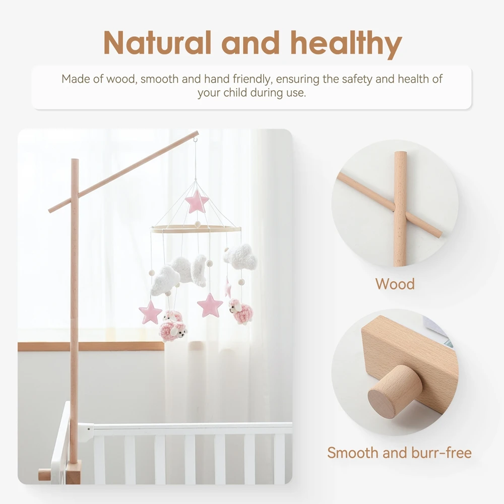 나무 침대 벨 브래킷 0-12개월 침대 벨 브래킷 사각형 나무 모빌 신생아 크로셰 침대 벨 장난감 아기 딸랑이 장난감