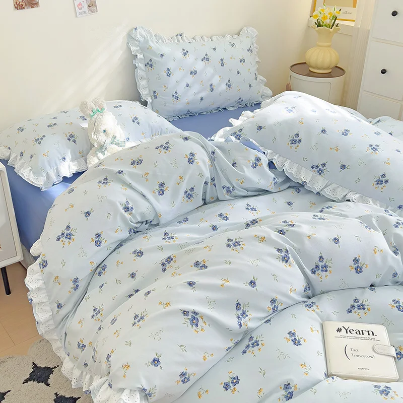 Ins Style Floral Duvet Cover Set Flat Sheet Pillowcases No Filling Queen 200x230cm Romantic Girls Blue Bedding Flower Bed Linens