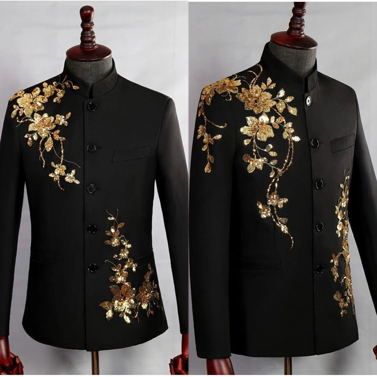 

Golden Appliques Men Wedding Tuxedos Black Sequins Groom Wear Slim Fit Prom Party Coat Pants Suits 2 Pieces