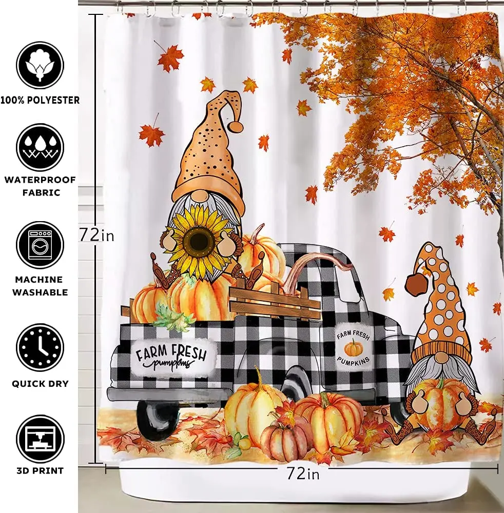 Fall Leaves Shower Curtain Pumpkin Shower Curtain with Gnomes & Buffalo Check Truck Autumn Bath Curtain Farmhouse Bathroom Decor