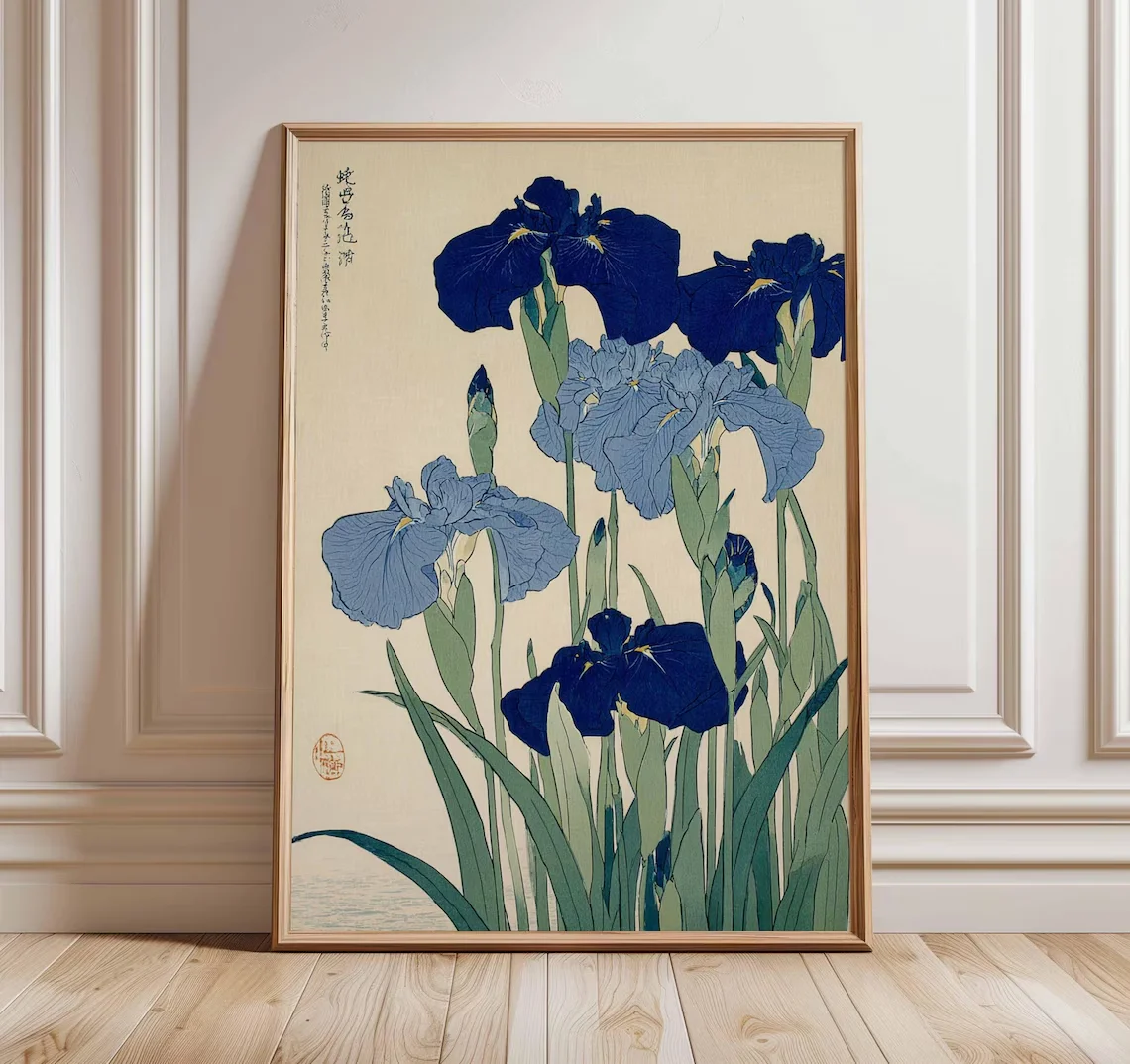 Elegant Blue Iris Ukiyo-E Wall Art -Nature Enthusiasts, or Anyone Who Loves Timeless, Understated Decor