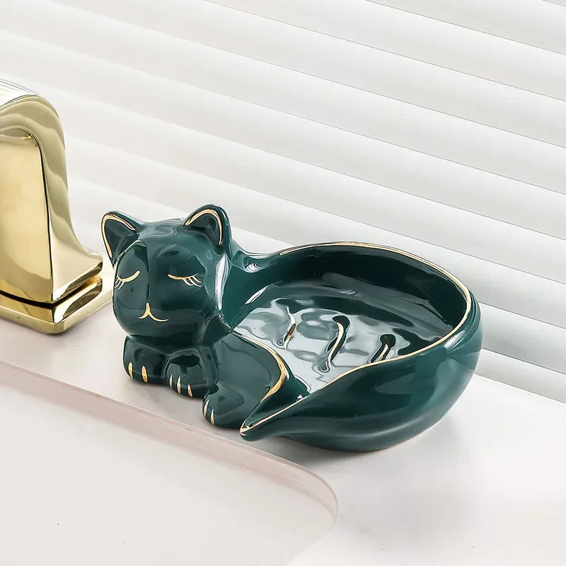 Cartoon Cute Cat Shape Soap Box with Drain Water Soap Box Wash Basin Drainage Shelf Ceramic Soap Dish Bathroom Accessories 2024