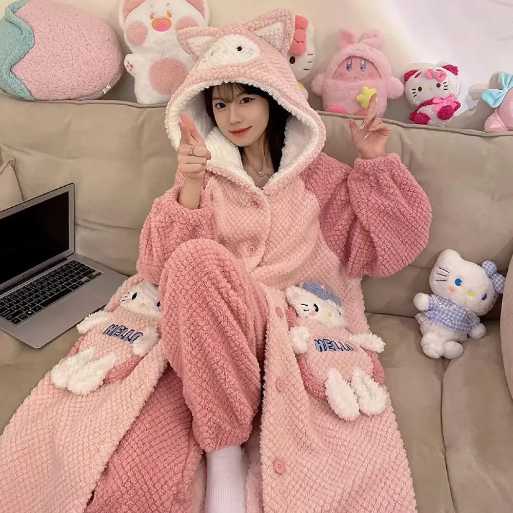 Kawaii Hello Kitty Kuromi Cinnamoroll 2Pcs Women's Plush Pajamas Robe Set Sanrioed Winter Cartoon Hooded Thickened Homewear Soft