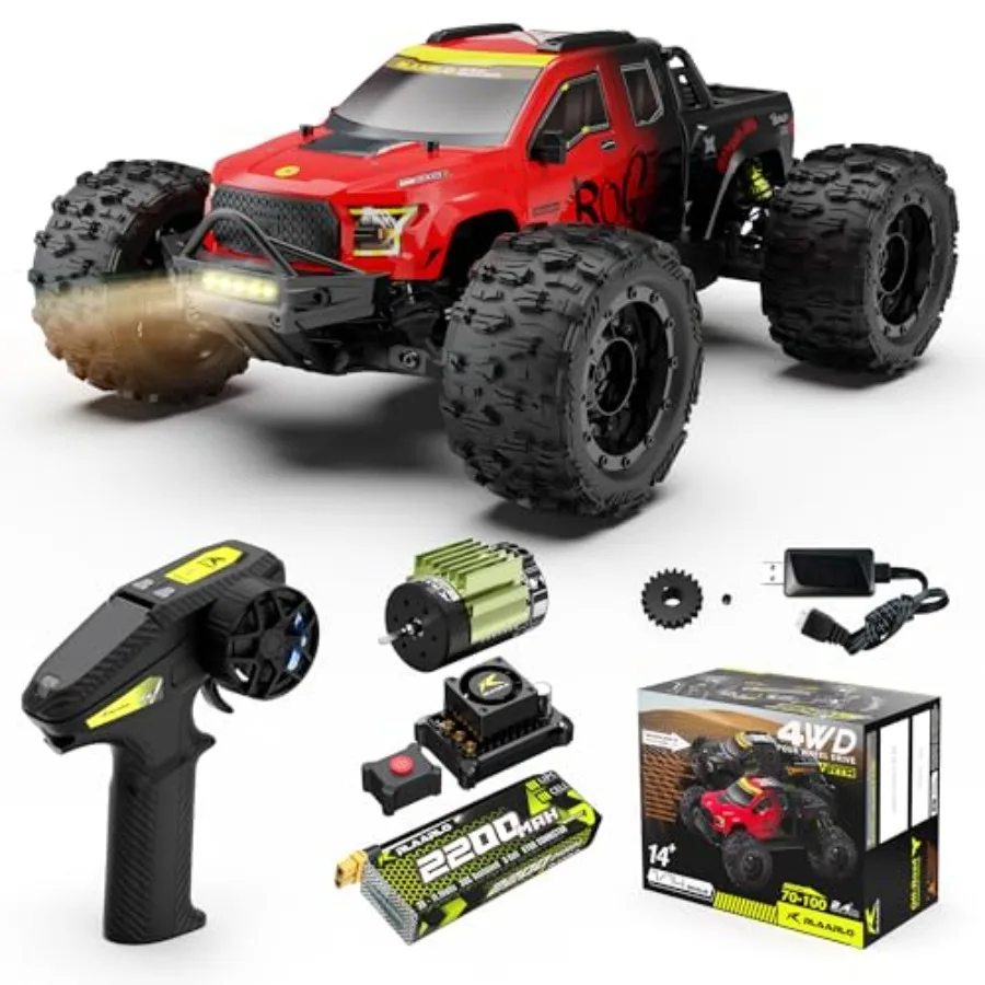 

RC truck for outdoor use, ABS plastic body, red, brushless motor with 50+ MPH speed and waterproof 4WD design, suitable for age