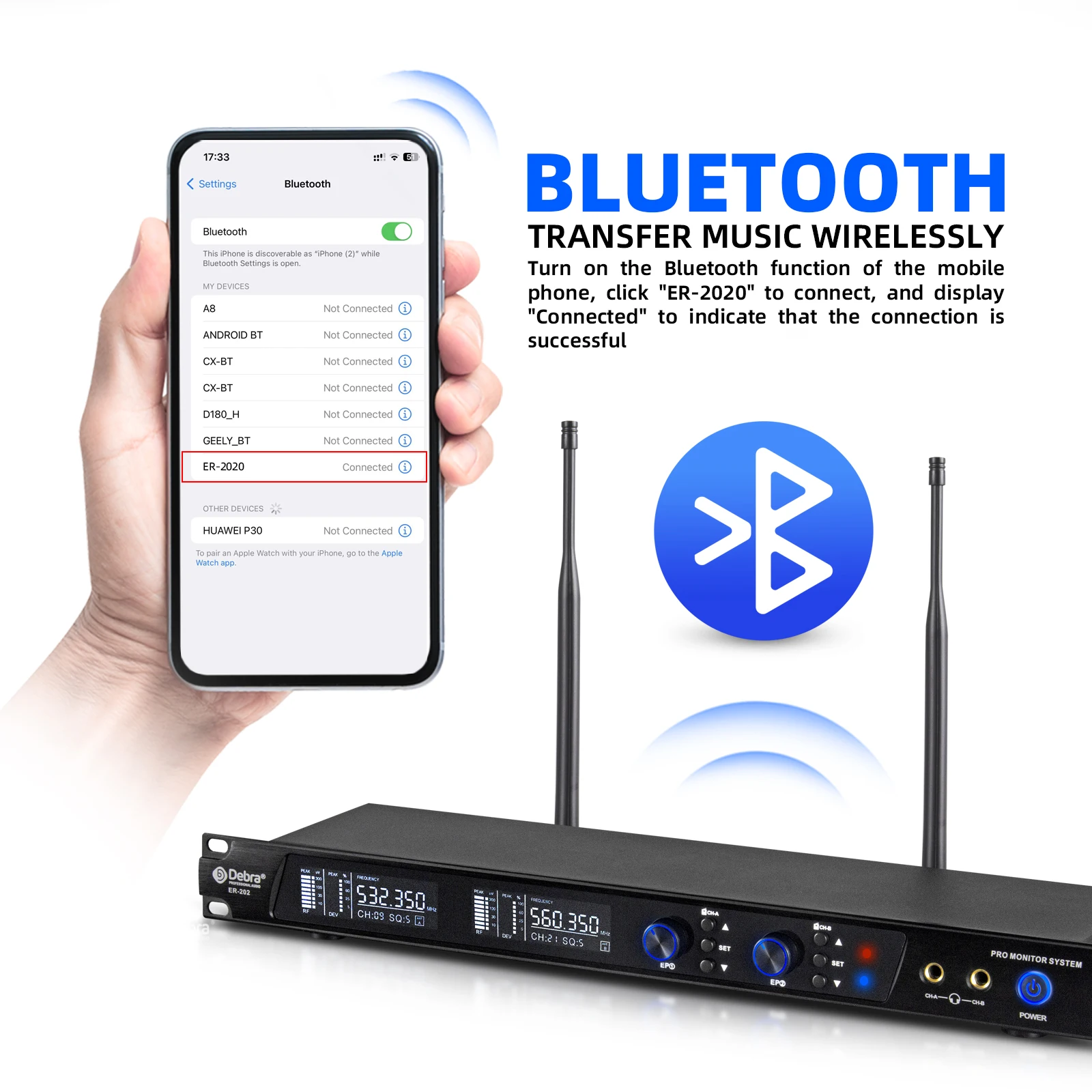 ER-202 Profesjonalny bezprzewodowy system monitorowania dousznego z Bluetooth 5.0 UHF, wiele nadajników do występów na scenie