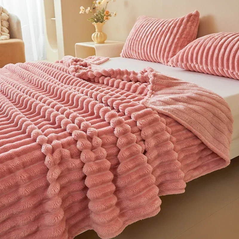 1PC Striped Flannel Blanket, Luxury Double-Sided Fabric, Soft Polyester Warm Throw, Suitable For Sofa Office Camping, Ideal Xmas Gift