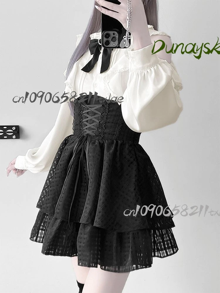 Jirai Kei gótico oscuro subcultura femenina encaje negro recortado camisa de manga larga falda conjunto disfraces Cosplay fiesta diaria Halloween