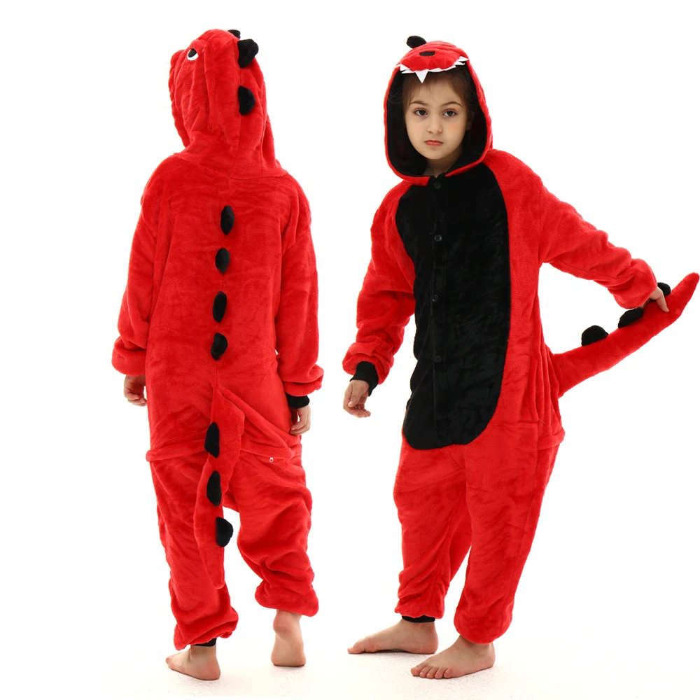 Soft Warm Winter Children Pajamas Boys Girls Pijamas Hooded Kids Onesie Red Dinosaur Kigurumi Anime Costumes Sleep Wear Clothing